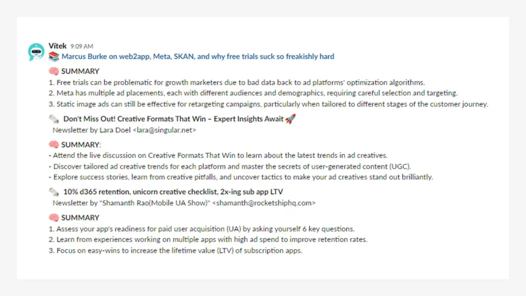 Screenshot of a Slack message summarizing industry updates and insights on ad formats and growth marketing, generated by an AI-driven workflow.