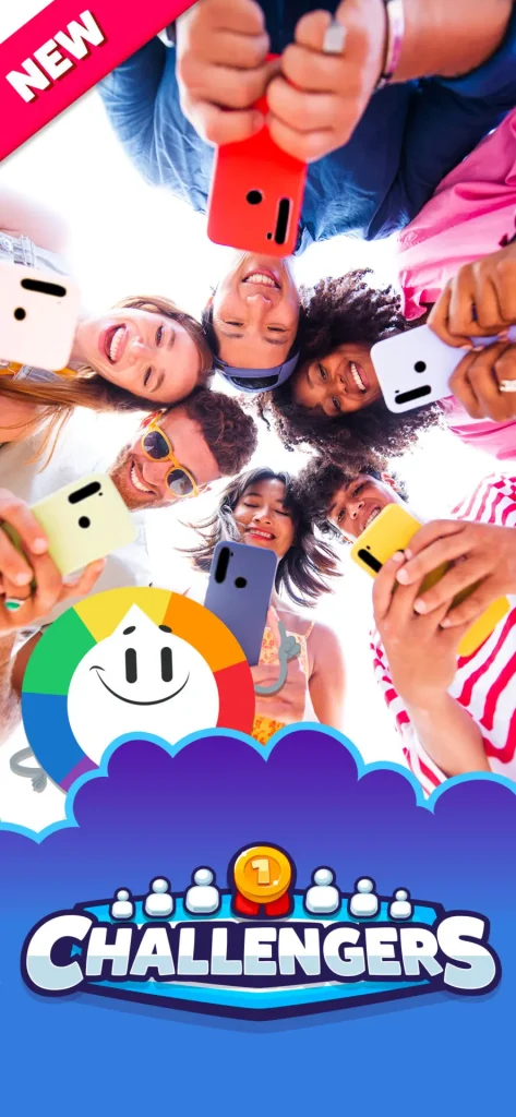 Group of smiling friends holding smartphones in a circle, featured as a promotional image for the new 'Challengers' trivia game mode, with the colorful trivia mascot and 'Challengers' logo at the bottom.