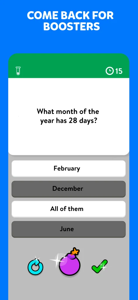 Trivia game screen promoting the return of players to earn boosters.