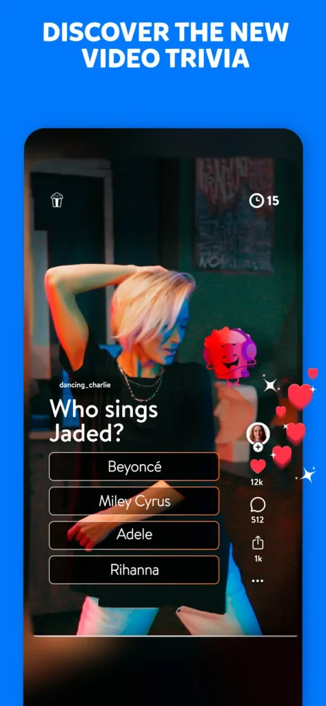 Trivia game featuring a video trivia question asking 'Who sings Jaded?' with multiple-choice answers.