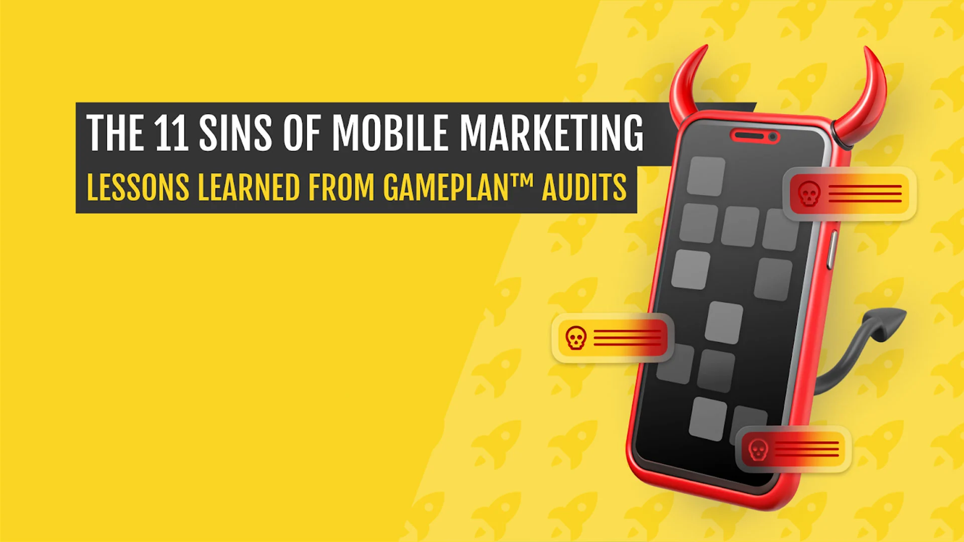 Illustration of a smartphone with devil horns symbolizing the '11 Sins of Mobile Marketing' as discussed in GamePlan™ audits for mobile game growth strategies.