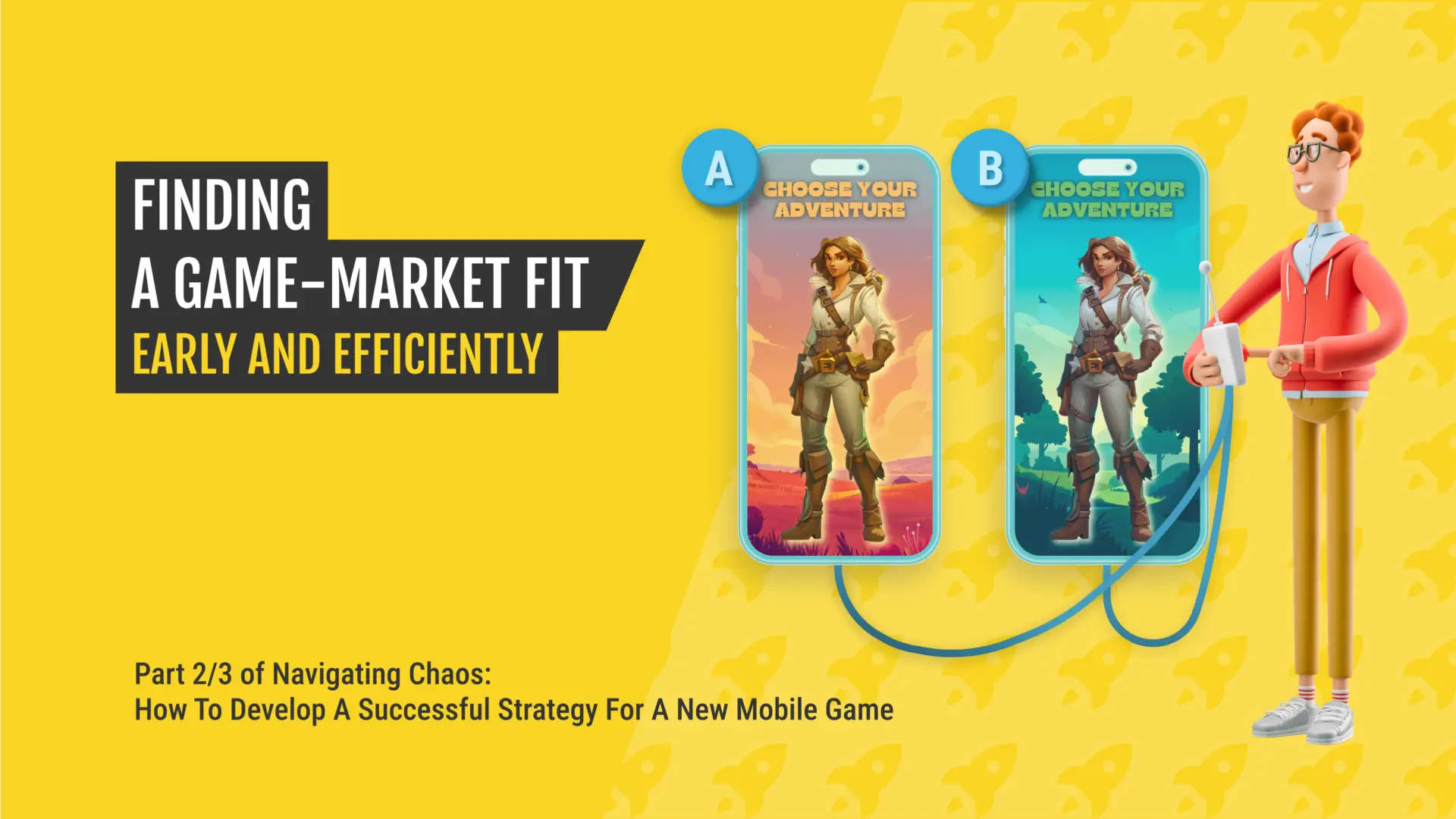 Illustration of a character comparing two game themes on mobile screens to find the best market fit, representing steps in early game development.