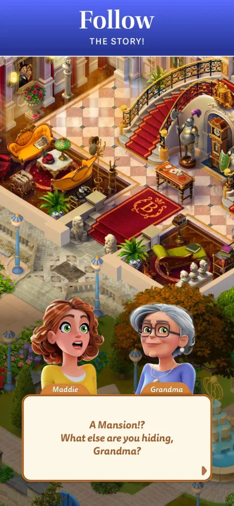 Scene from a story-driven game where characters Maddie and Grandma are in a luxurious mansion. Maddie asks, 'A Mansion!? What else are you hiding, Grandma?'