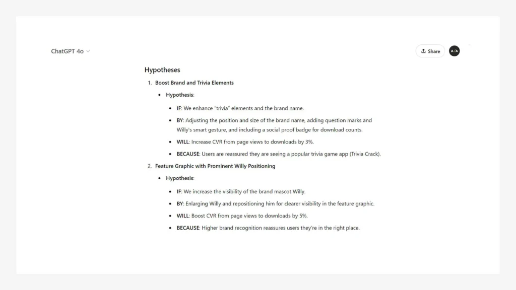 Screenshot of structured hypotheses for improving app store conversion rates through optimized brand elements, feature graphics, and user-focused design.