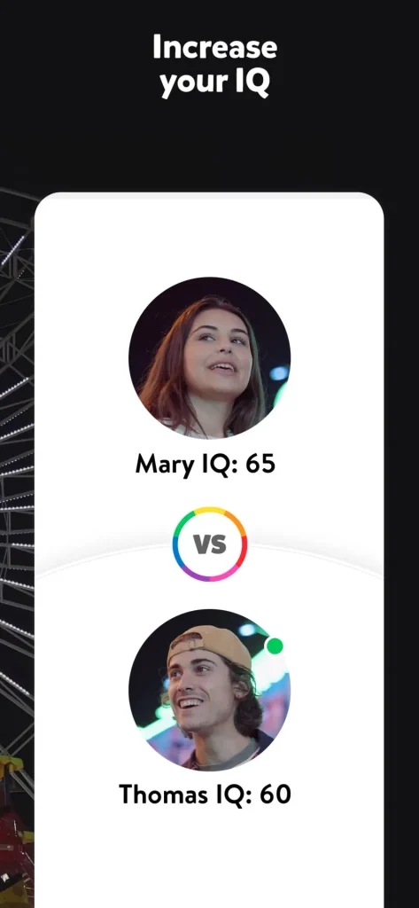 Trivia game screen showing IQ scores for Mary (65) and Thomas (60).