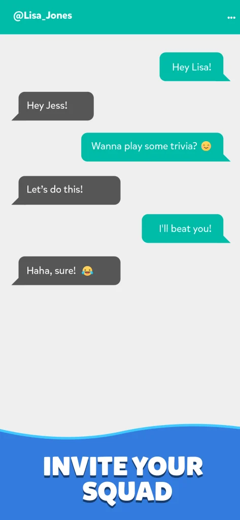 Trivia game screen with chat options to invite friends for trivia challenges.