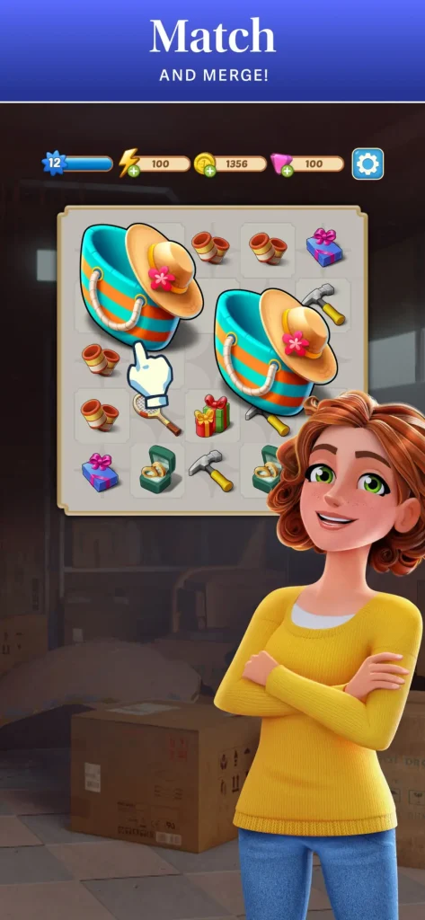 Match and merge gameplay screen featuring various items, with the character Maddie smiling and a board showing mergeable objects.