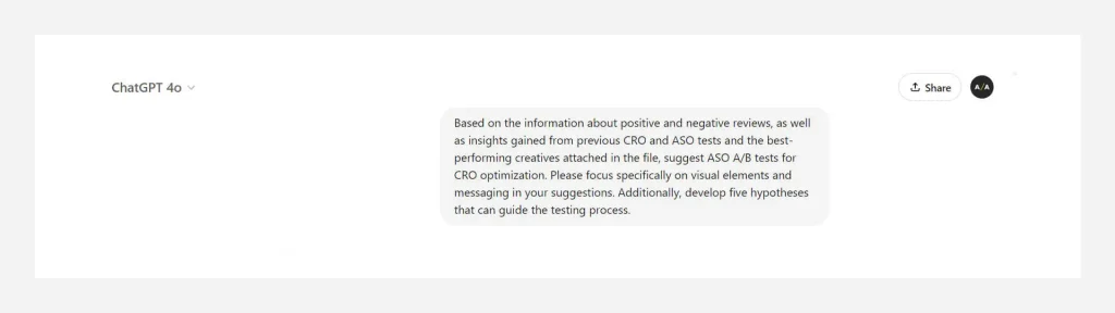 Prompt on ChatGPT asking for A/B testing hypotheses and creative optimization strategies based on previous ASO and CRO test results.