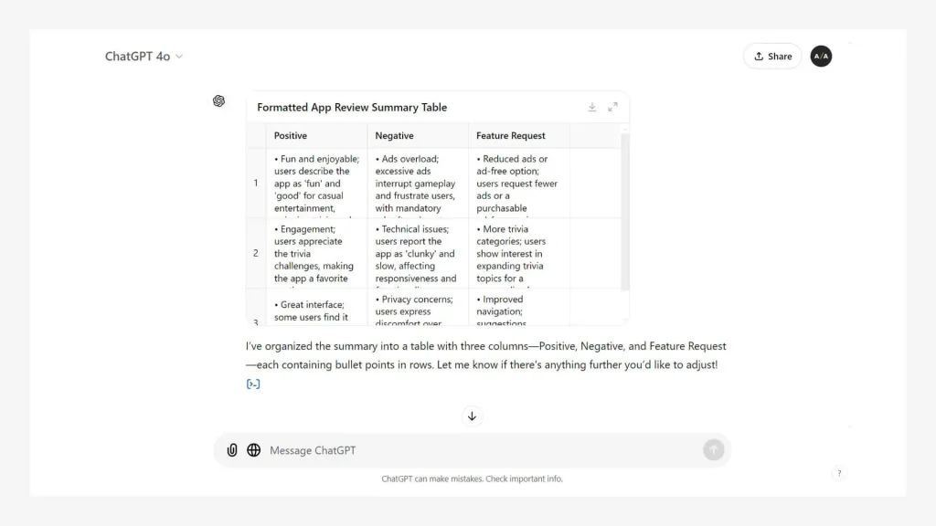 Screenshot of a table summarizing user reviews into categories: Positive, Negative, and Feature Requests for an app.