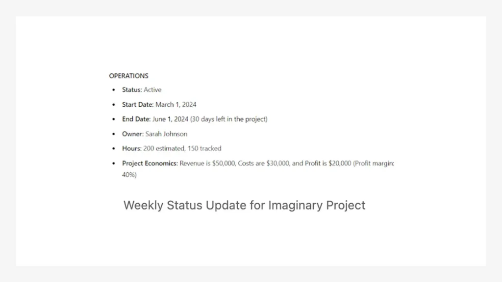 Detailed project summary showing operational status, project timeline, tracked hours, and financial insights, including revenue and profit margin.