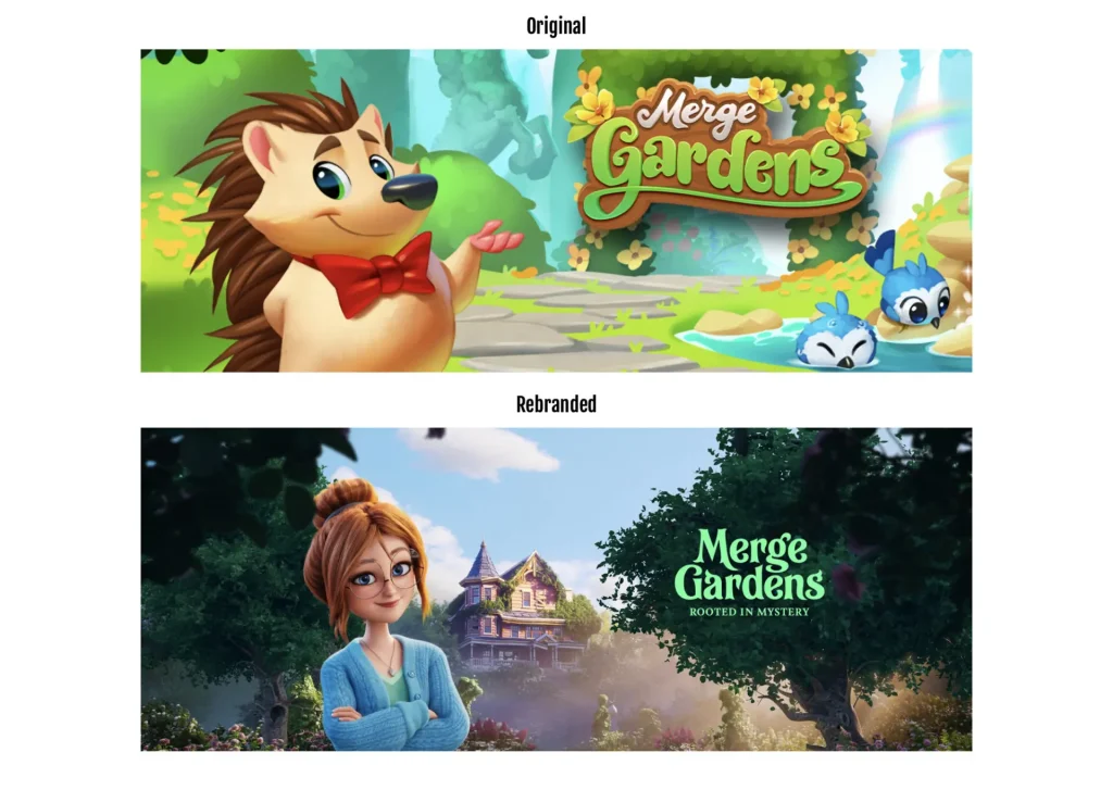 Before and after images showing the original and rebranded visuals for the game Merge Gardens, illustrating the impact of creative strategy and visual updates.