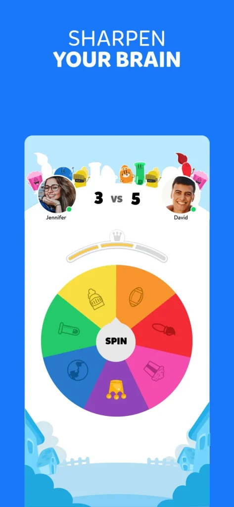 Trivia game screen with a colorful wheel to sharpen the brain.