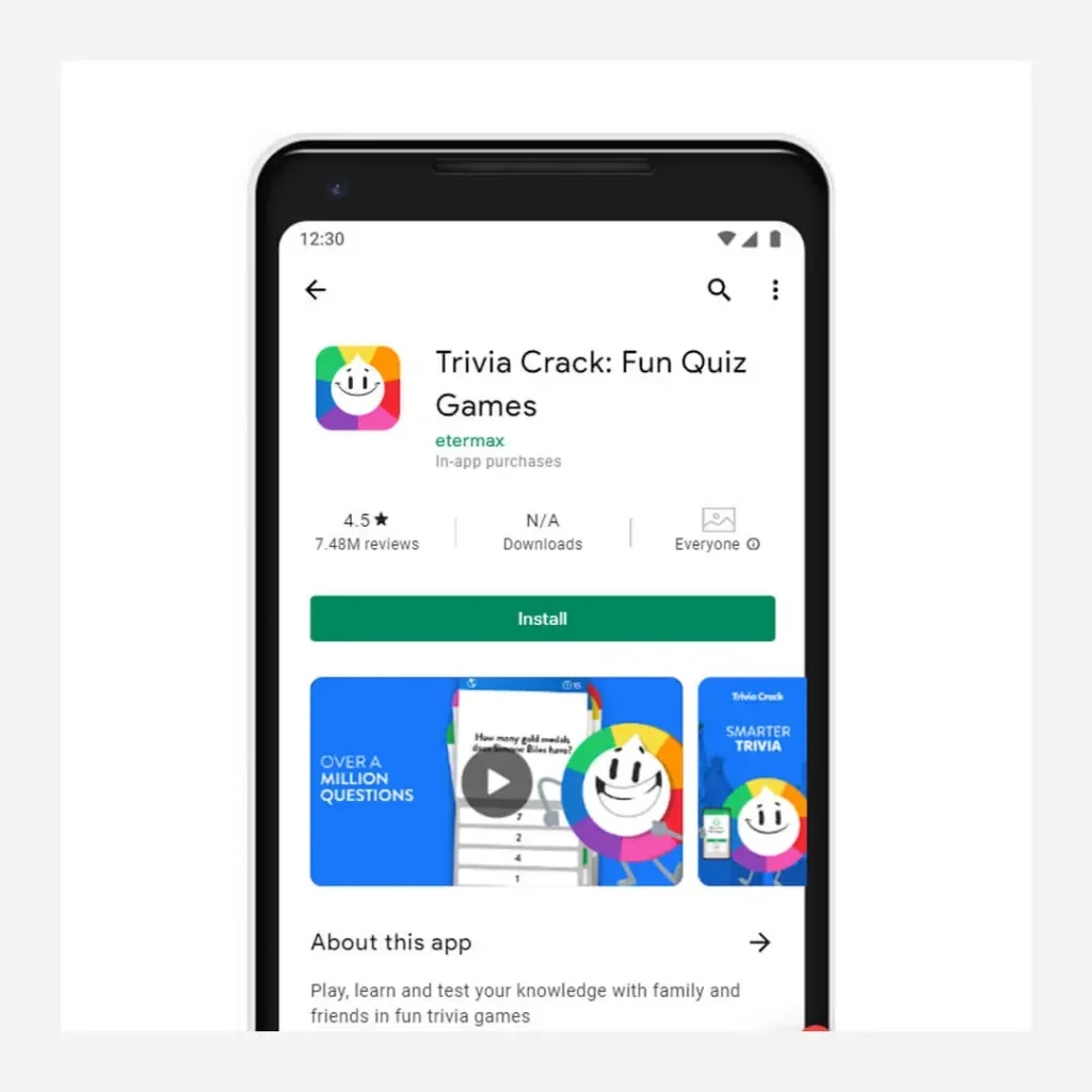 Screenshot of Trivia Crack's app store listing on Google Play, showcasing its rating, reviews, and engaging visuals for user attraction.