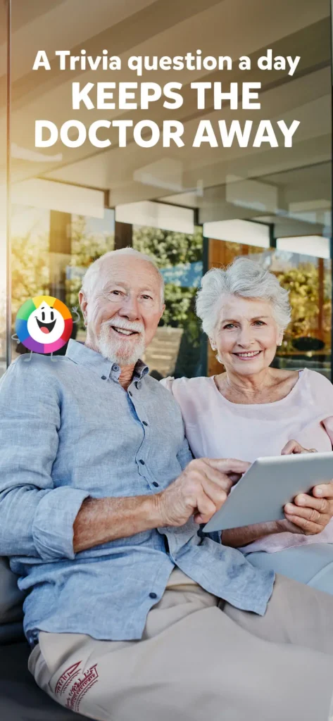 Trivia game promoting daily trivia for brain health, with an elderly couple enjoying the game.