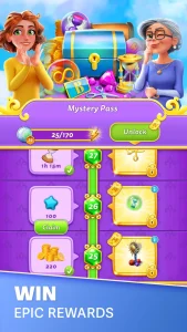 Match and merge game screenshot showing various items to match on the board, with a character smiling on the side.