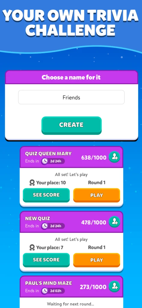 Screen offering players a chance to create and customize their own trivia challenges.