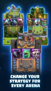 Multiple Clash Royale arenas featuring diverse environments and card options for strategic gameplay.