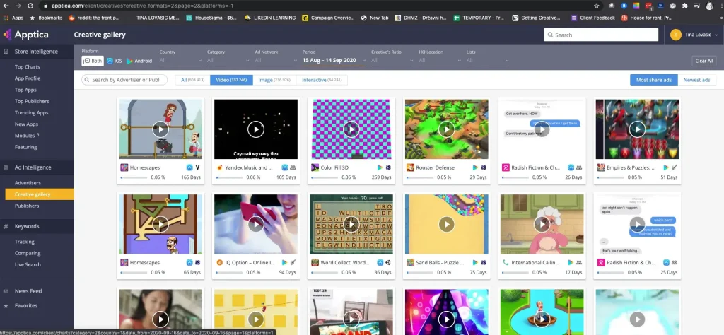A screenshot of Apptica’s creative gallery, showcasing a variety of mobile ad creatives and their performance metrics for competitive analysis.