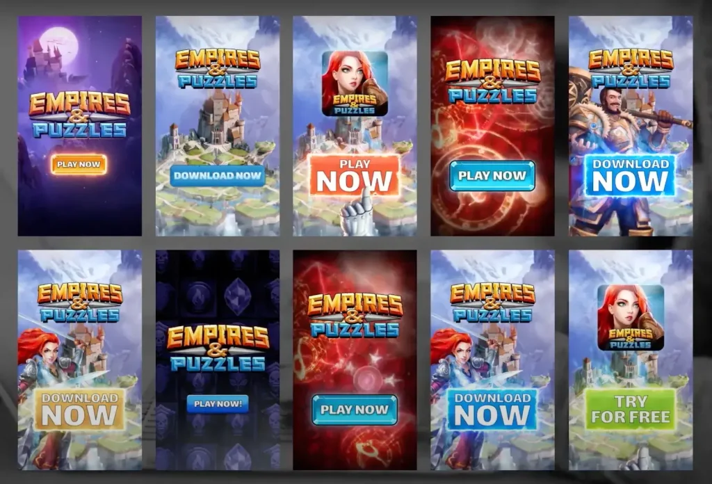 A grid of mobile ad examples for "Empires & Puzzles," showcasing creative variations with text like "Download Now" and "Play Now" to emphasize creative testing approaches.