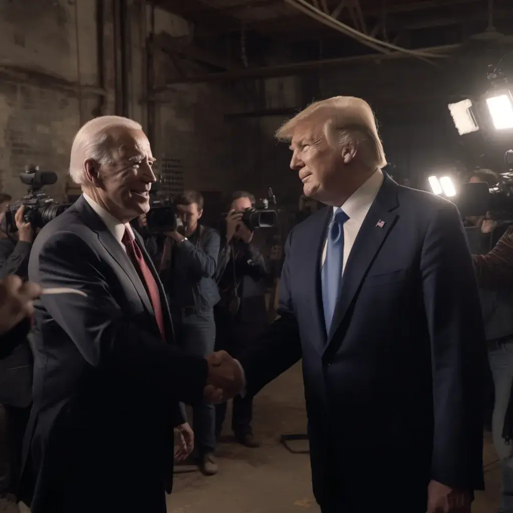 AI-generated image of Joe Biden and Donald Trump shaking hands in a room filled with cameras and reporters.