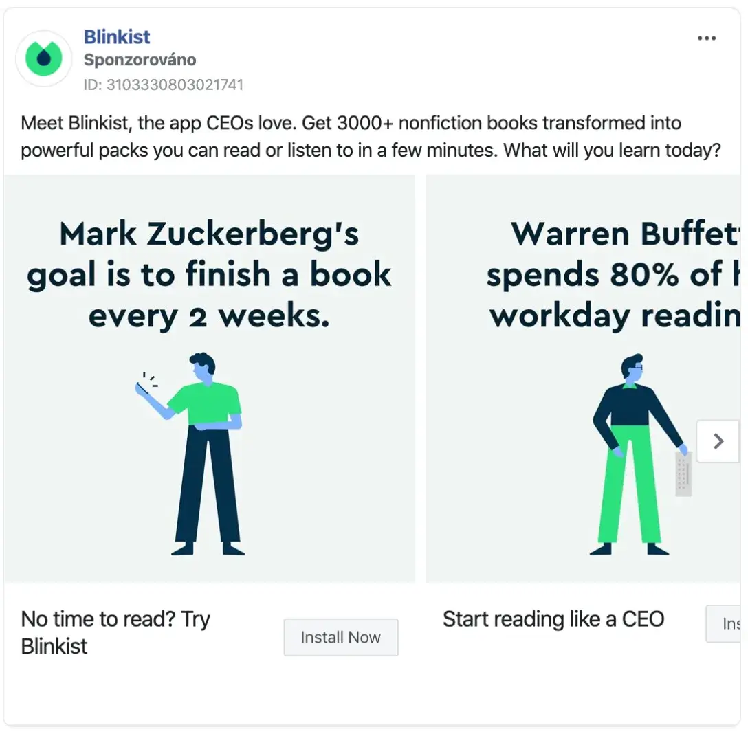 A mobile ad example by Blinkist featuring quotes about Mark Zuckerberg and Warren Buffett, designed to highlight the benefits of time-saving app usage with clean and modern visuals.