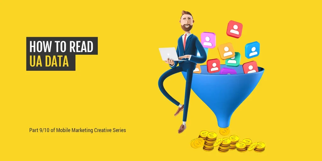 A creative representation of UA data analysis featuring a funnel with icons representing user metrics. This image visually communicates the essence of understanding performance data for mobile ad creatives.