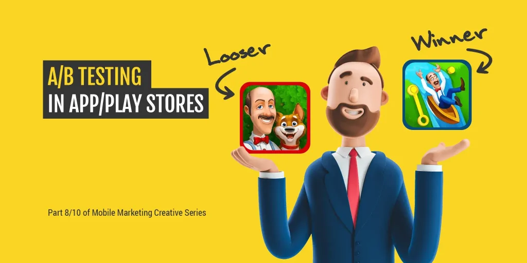 Featured image introducing Episode 8 of the Mobile Marketing Creatives Series, focused on A/B testing for app store assets, showing a professional marketer comparing two app icons for performance analysis.