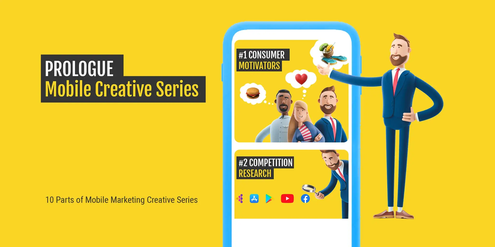 A cheerful businessman holds a magnifying glass with mobile app icons in the background, representing research and strategy for mobile marketing success in this mobile marketing series.