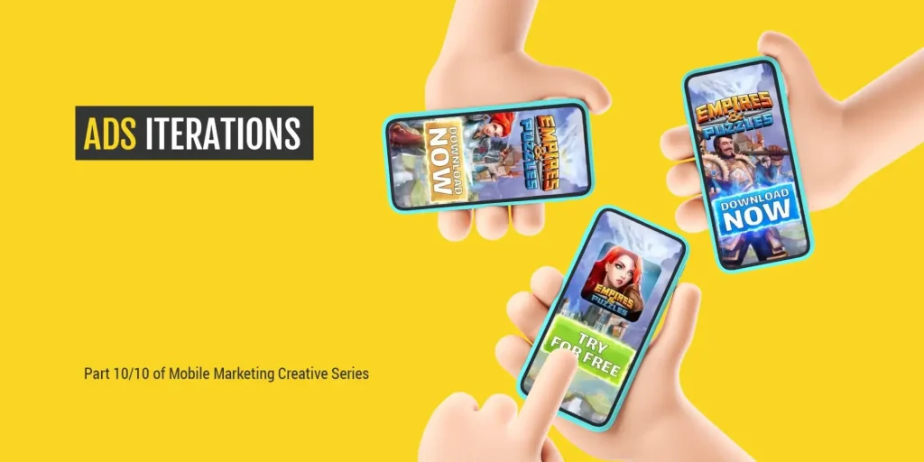 A featured banner promoting the blog "How to Iterate Mobile Video Ads and Double the Lifetime of Your Creatives," with a bold, yellow-and-black design that highlights the main keyword.
