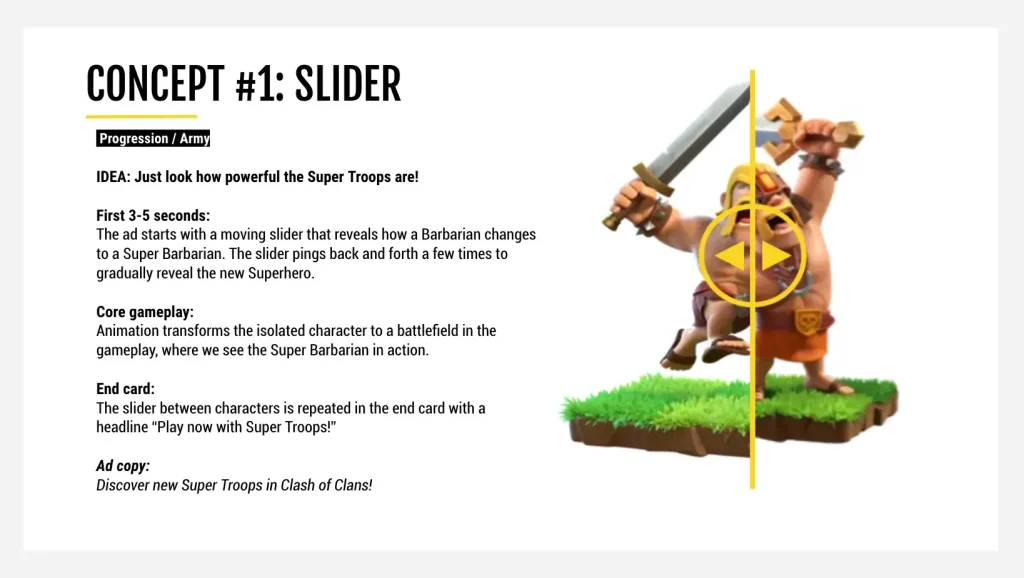 A creative ad showcasing a character’s transformation in Clash of Clans, focusing on storytelling and audience engagement.