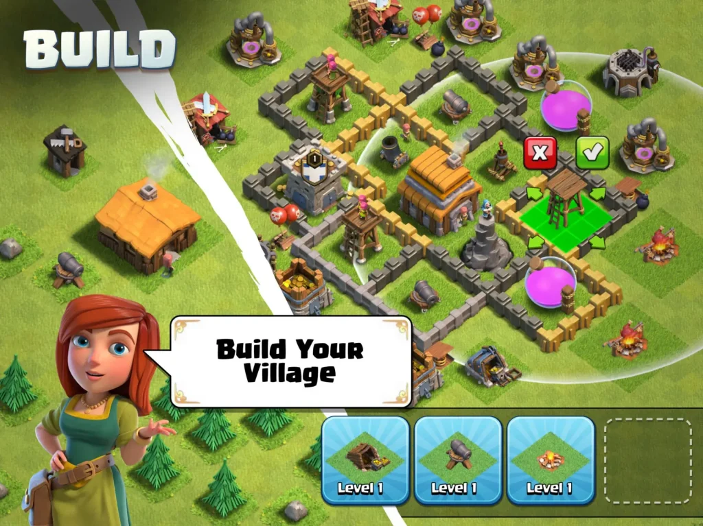 Screenshot from Clash of Clans showcasing a "Build Your Village" gameplay scene. Highlights key elements like building structures and interactive gameplay, aligning app features effectively.