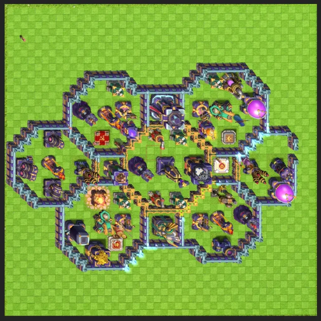 A detailed defensive layout of a Clash of Clans village showcasing strategic walls and structures.