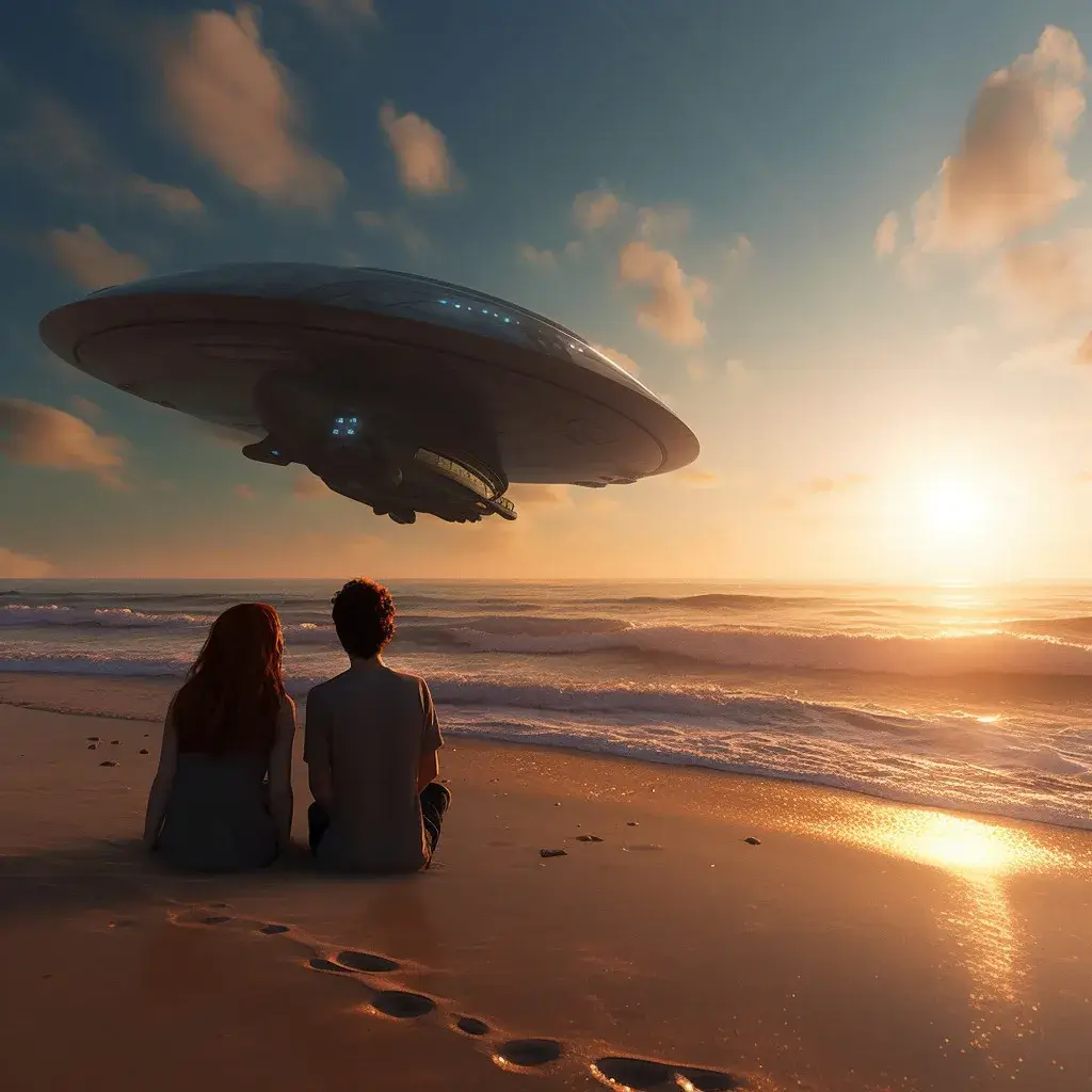 A photorealistic AI-generated image of a couple sitting on a beach during sunset, gazing at a hovering UFO in the distance.