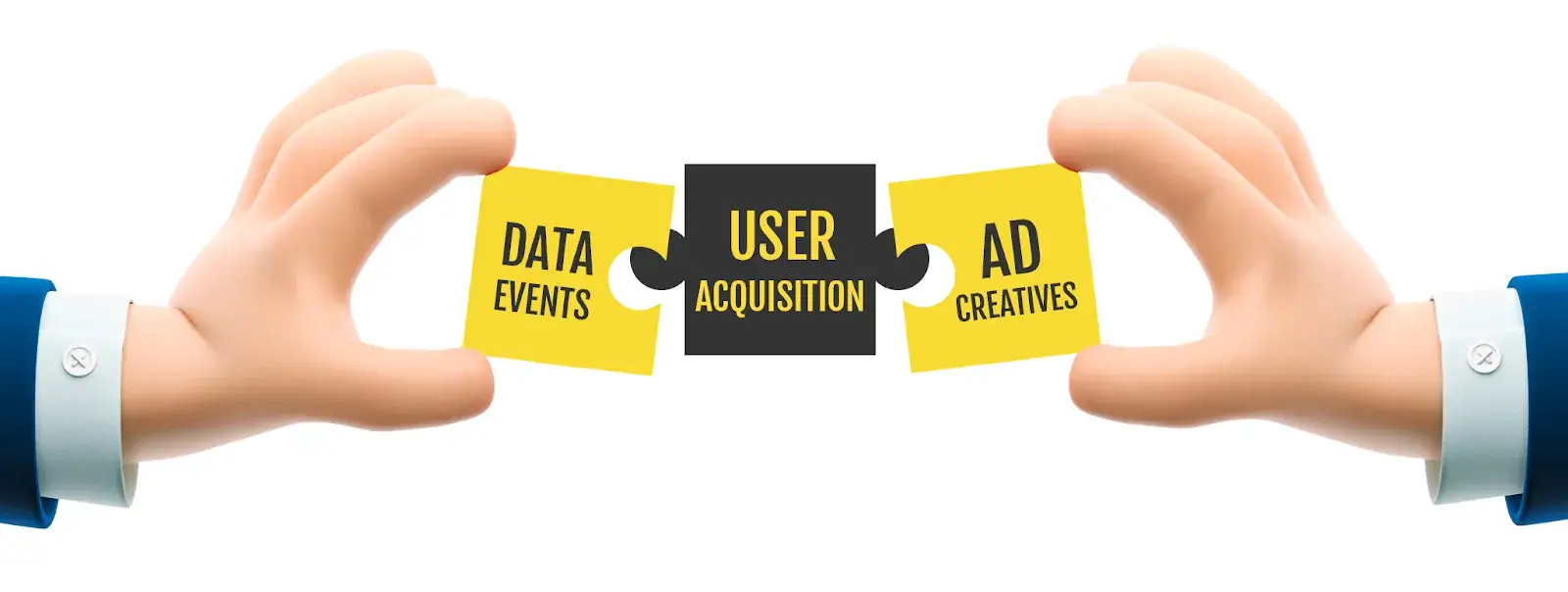 Two hands fitting together puzzle pieces labeled "Data Events" and "Ad Creatives," symbolizing the union of data-driven insights and creativity in user growth.