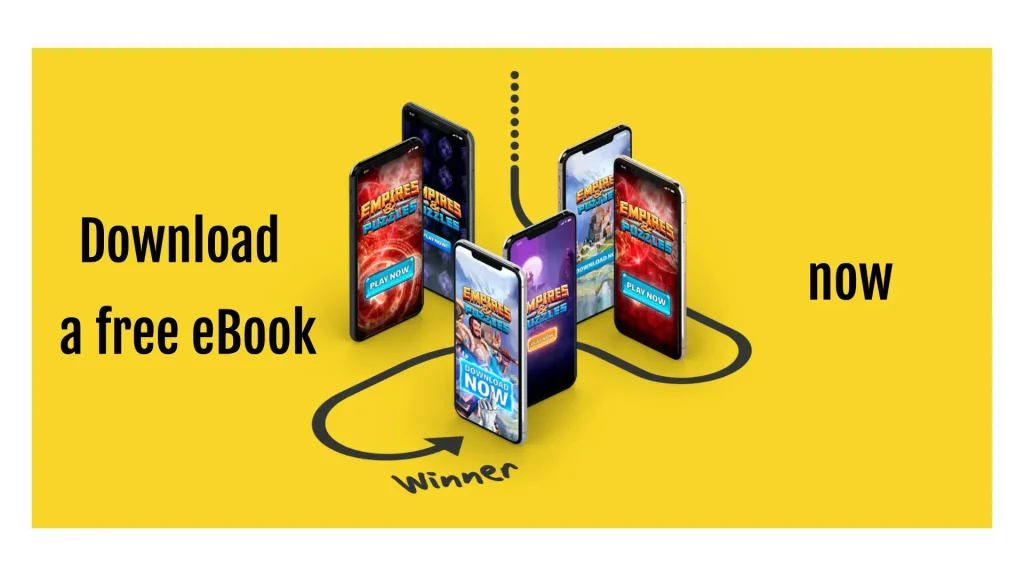 A bright yellow banner promoting a free eBook download about scaling mobile user acquisition through creative testing, with "Empires & Puzzles" examples.