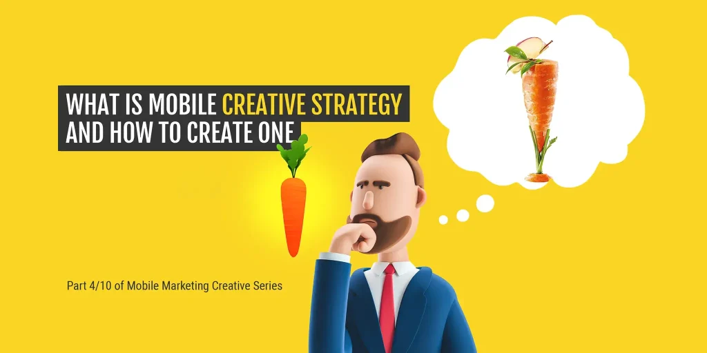 A 3D cartoon businessman thinking about creative strategies, symbolizing how to create an effective mobile creative strategy. Part 4 of the Mobile Marketing Creative Series.