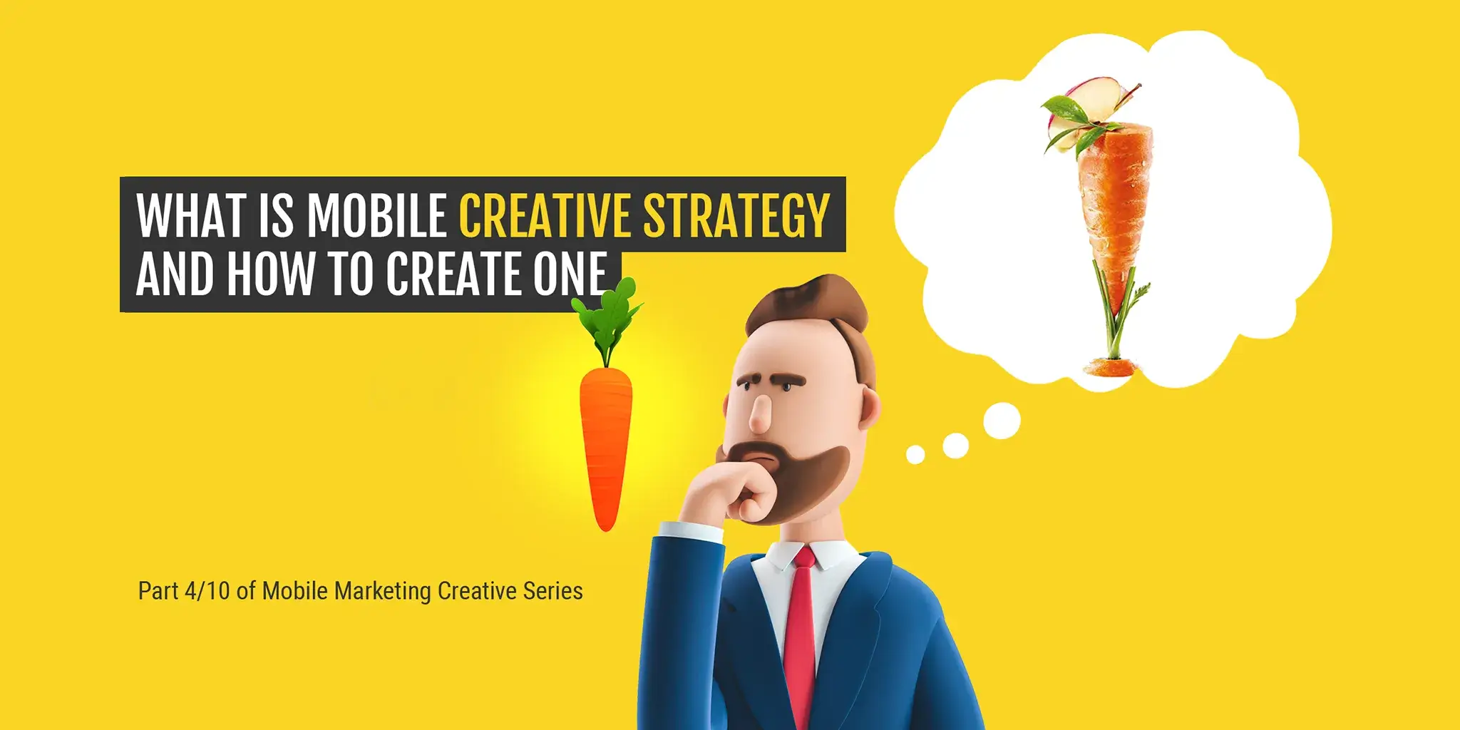 A 3D cartoon businessman thinking about creative strategies, symbolizing how to create an effective mobile creative strategy.