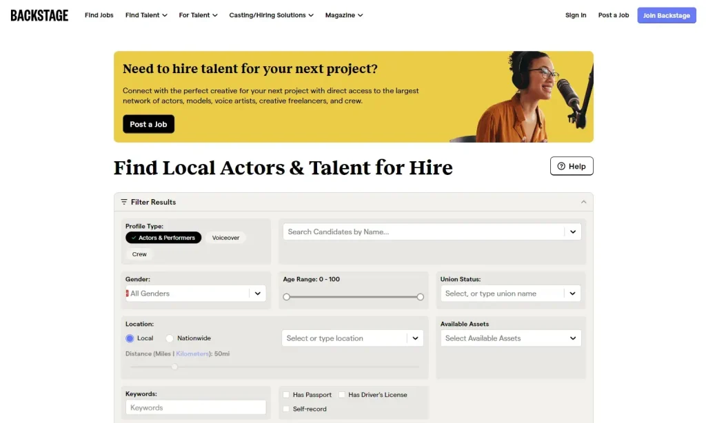 Screenshot of Backstage platform showing filters for hiring local actors and performers.