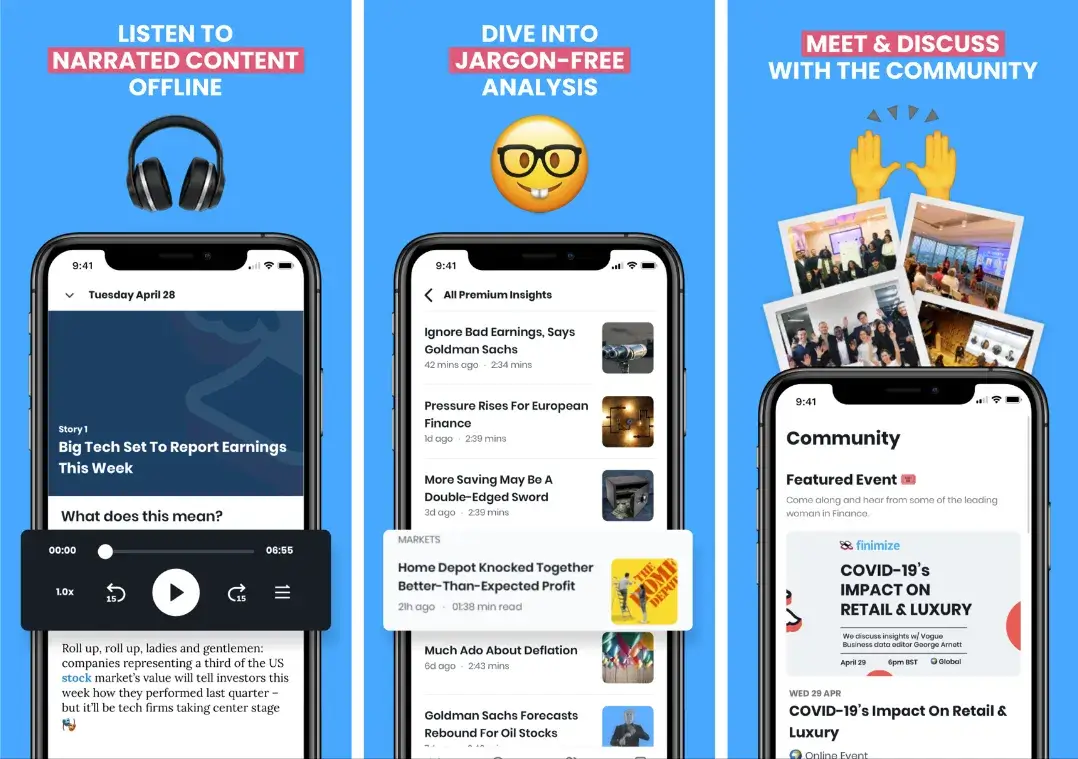 Example of the Finimize app store screenshots highlighting features like narrated content, jargon-free analysis, and community engagement. Reflects effective communication strategies for app store optimization.