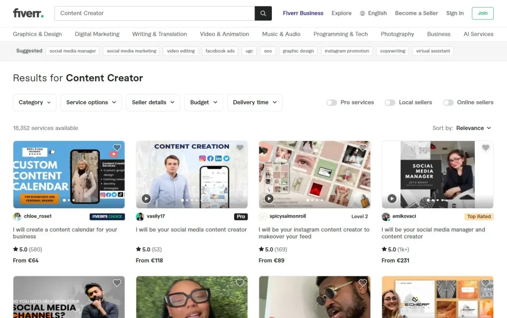 Screenshot of Fiverr showcasing content creator services and their ratings.