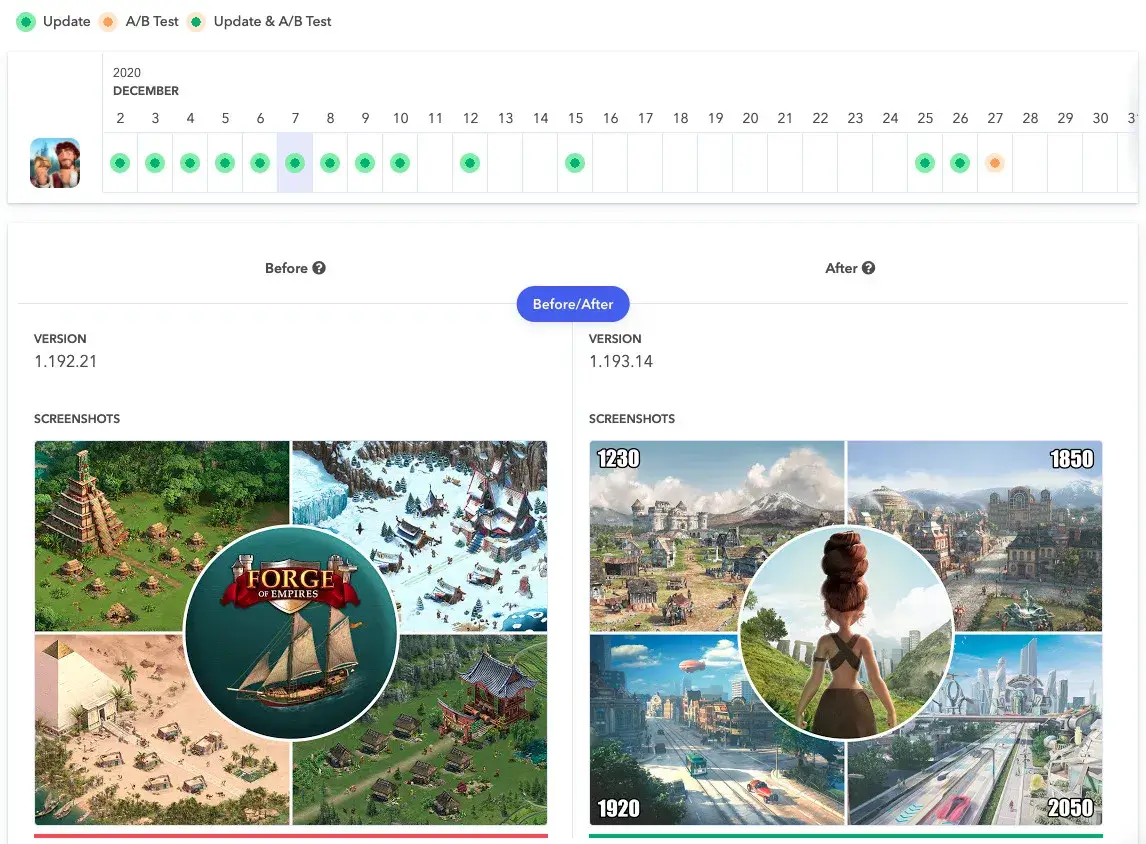 Before and after comparison of app store screenshots showcasing the visual improvements in presentation, focusing on clear visual storytelling for improved conversion rates.