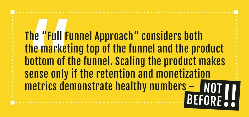 A business strategy quote discussing the Full-Funnel Approach in mobile marketing. The message highlights that retention and monetization should be optimized before scaling user acquisition. The structured text box and bold typography ensure clarity and readability. This quote serves as a reminder for decision-makers to avoid prioritizing acquisition over product quality. The emphasis on data-driven strategies makes this particularly relevant for growth consultants and product managers.