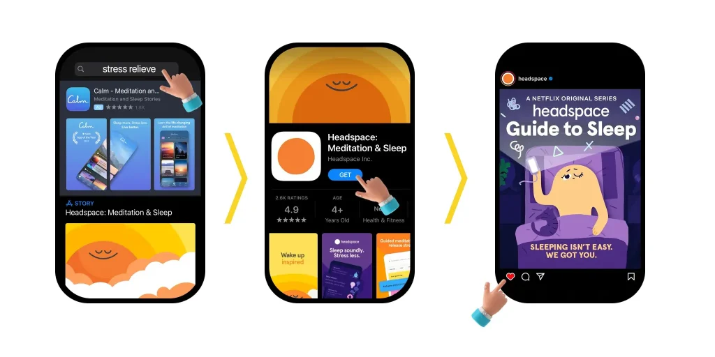 A visual user journey featuring Headspace app ads on the App Store and Instagram, showcasing how consistent branding increases user trust and downloads.