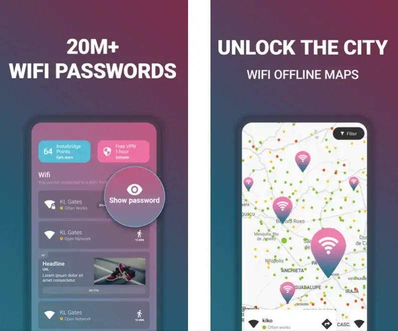 App store screenshot of Instabridge demonstrating zoomed-in key features like WiFi maps and password access. Illustrates the "zoom-in" principle, a key element in ASO Best Practices to enhance clarity on small screens.