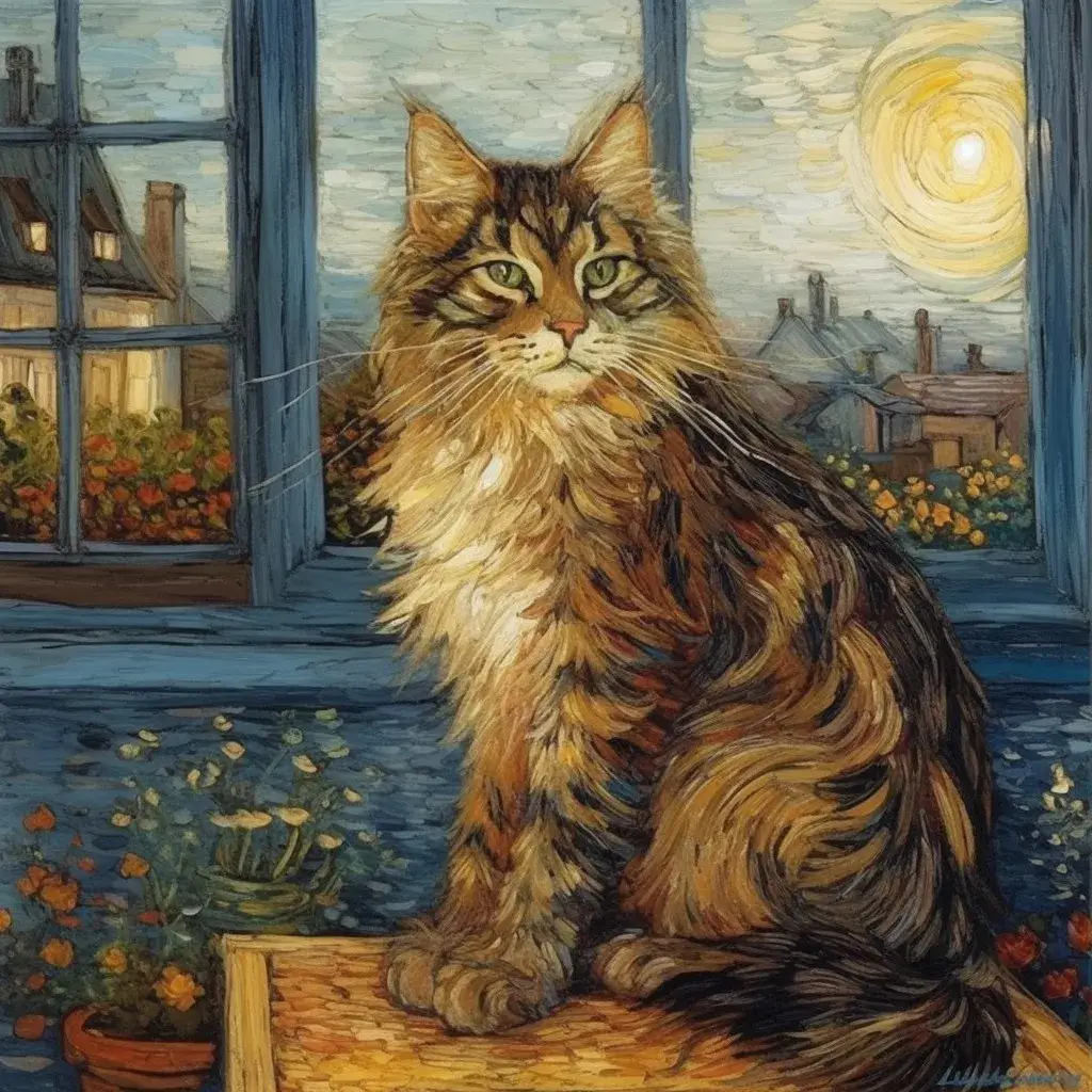 An AI-generated image of a long-haired tabby cat sitting on a windowsill, depicted in Van Gogh's painting style, showcasing artistic use of AI.