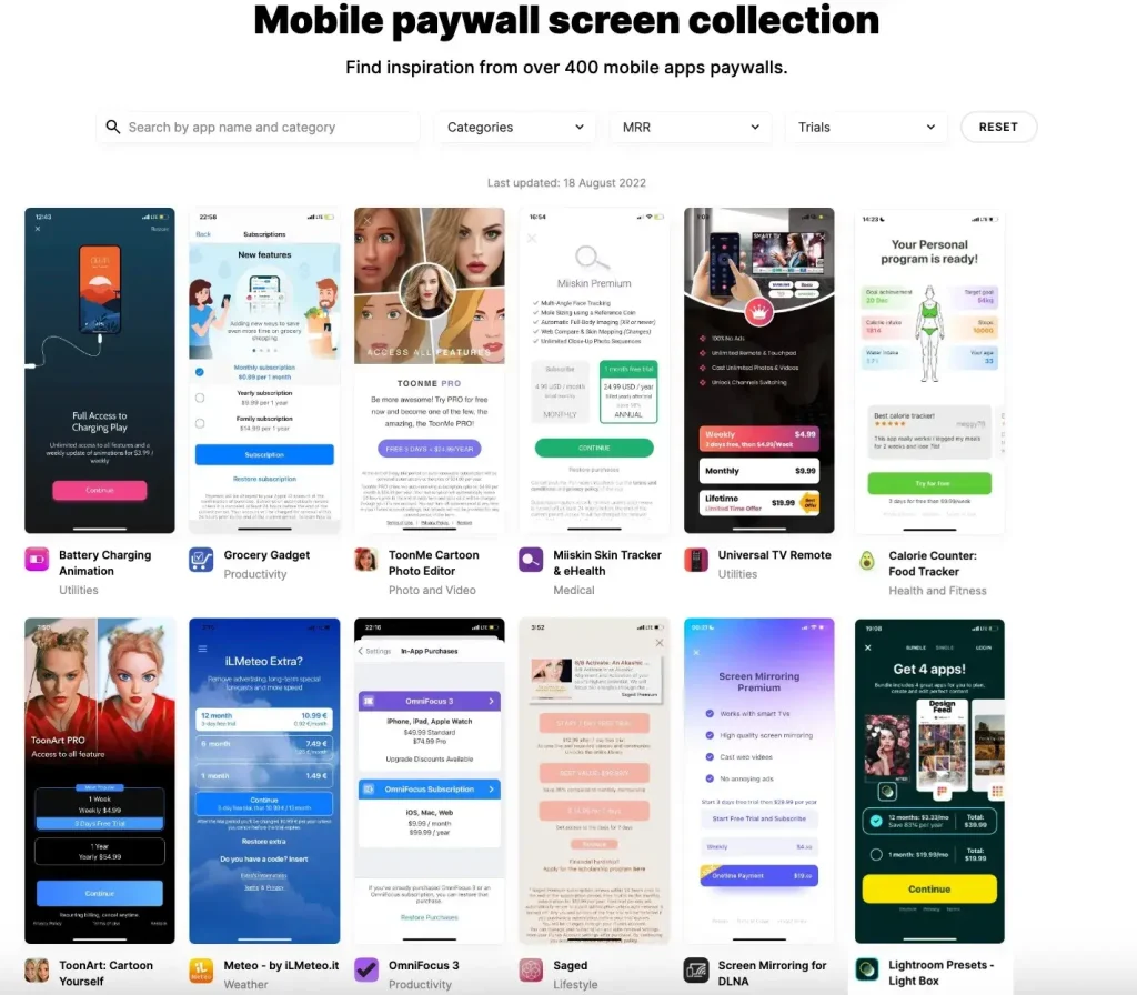 A collection of different mobile app paywall designs used in subscription-based apps. These paywalls showcase various pricing models, from monthly to annual subscriptions. The design and messaging of a paywall significantly impact conversion rates. A well-optimized paywall can improve user trust and drive more subscriptions.