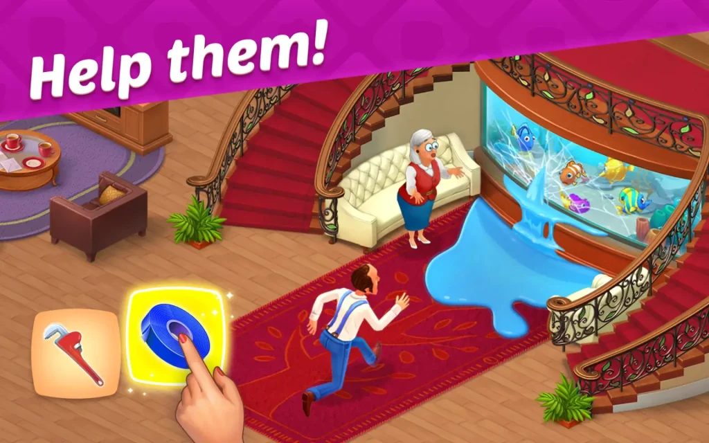 A cartoon-style mobile game scene featuring a broken aquarium spilling water, a concerned elderly woman, and a player selecting a tool to solve the issue.