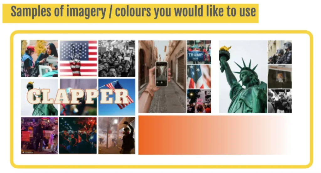 A mood board with imagery of the Statue of Liberty and other cultural references, guiding the design direction for mobile app branding.