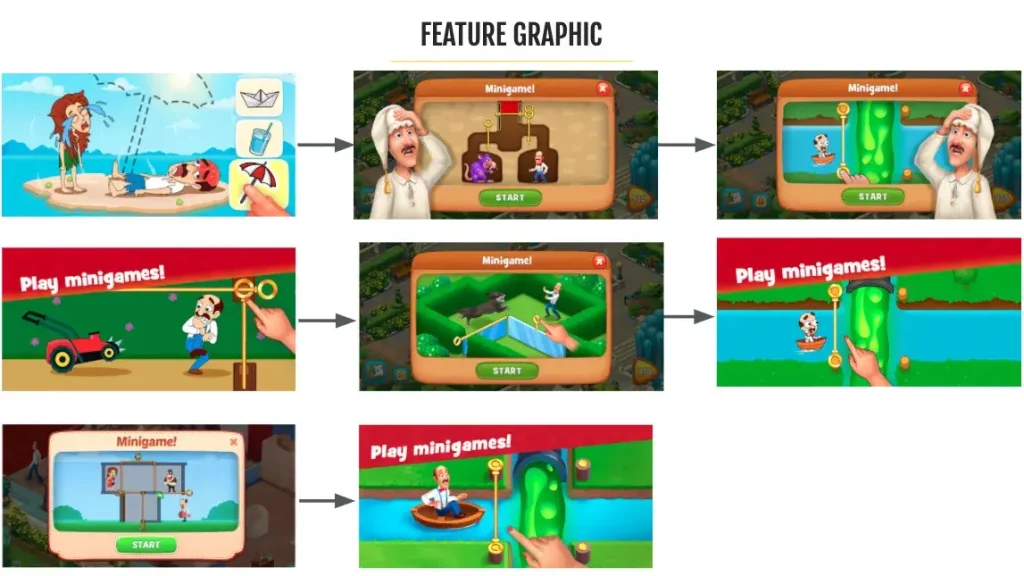 Playrix’s feature graphics showing simplified and colorful gameplay visuals used in the app store to highlight unique mechanics and attract user engagement in app store listings.