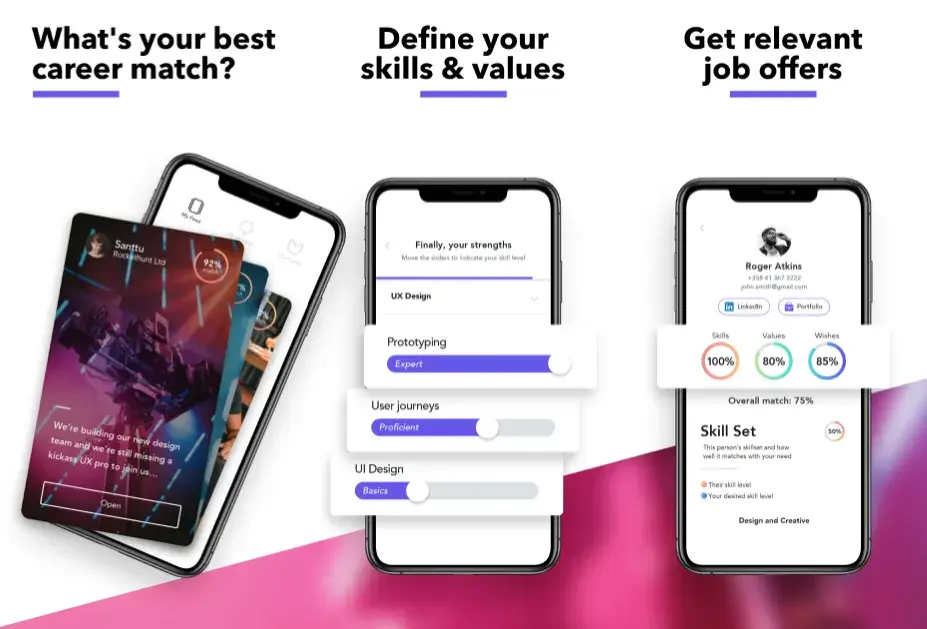 Examples of Pockethunt app UI showing career-matching tools, skill assessment, and job recommendations. Illustrates how clean visuals and user-friendly features contribute to ASO Best Practices in app store optimization.